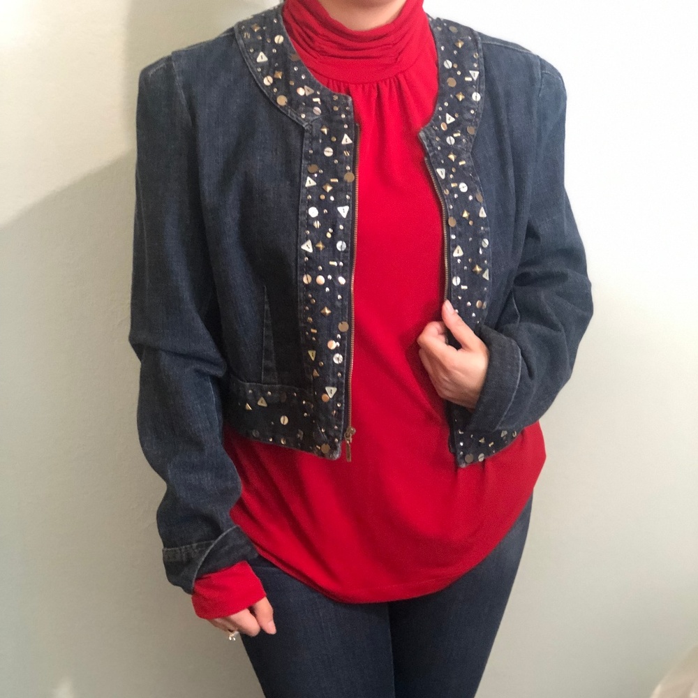 M by Marc Bouwer Embellished Cropped Denim Jacket
